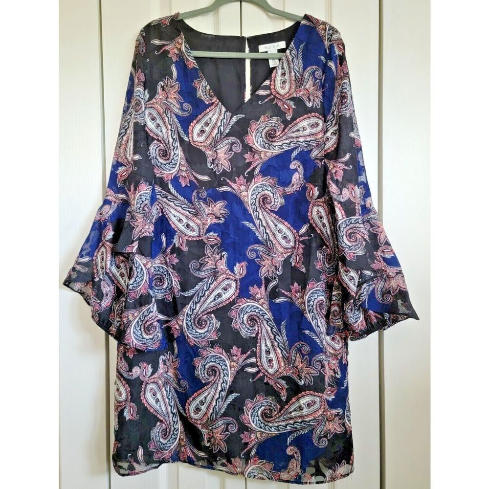 White House Black Market 12‎ Shift Dress Paisley Navy/Pink Silky Feel Pretty
